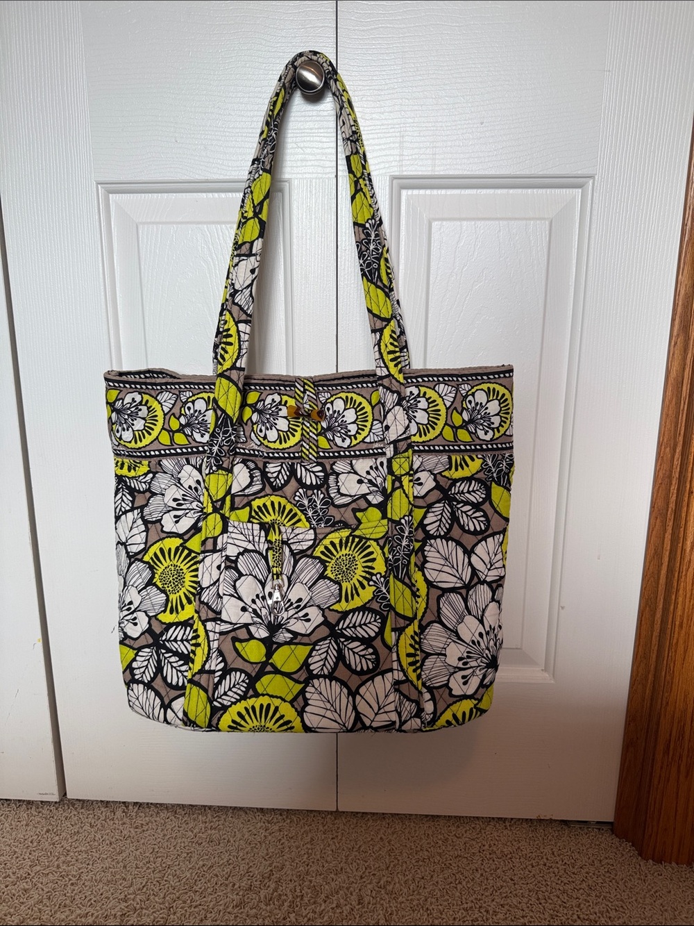 Vera Bradley Black, White and Lime Floral Quilted Tote